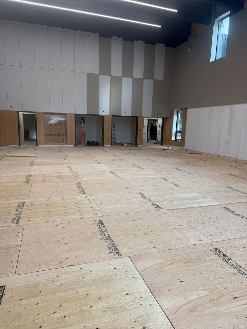 Plywood subfloor before preparation at &Eacute;cole La Vall&eacute;e, Pemberton